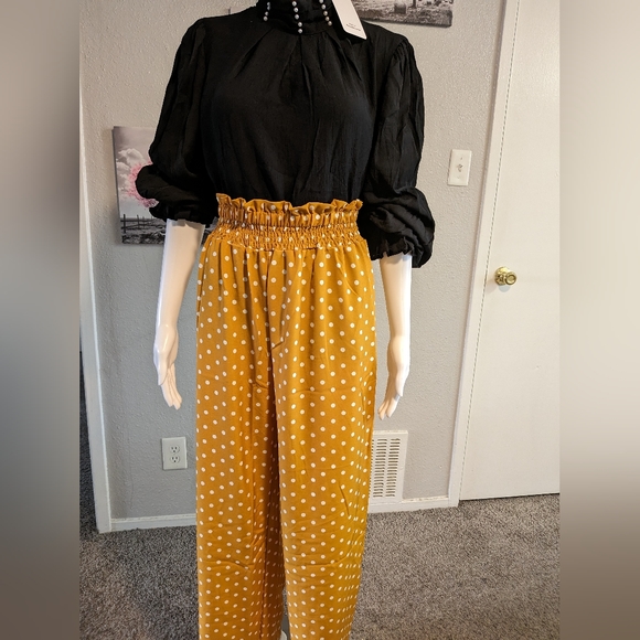 Polka dot print Shirred pants,stand Collar Flounce long sleeve shirt, dress - Picture 4 of 7